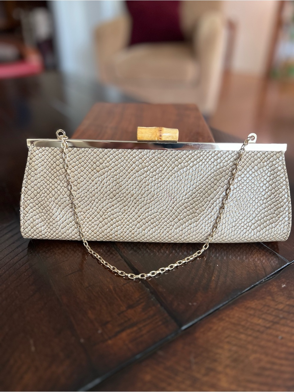 LOFT Faux Snakeskin Clutch Beige Evening Bag Bamboo Clasp Chain Strap